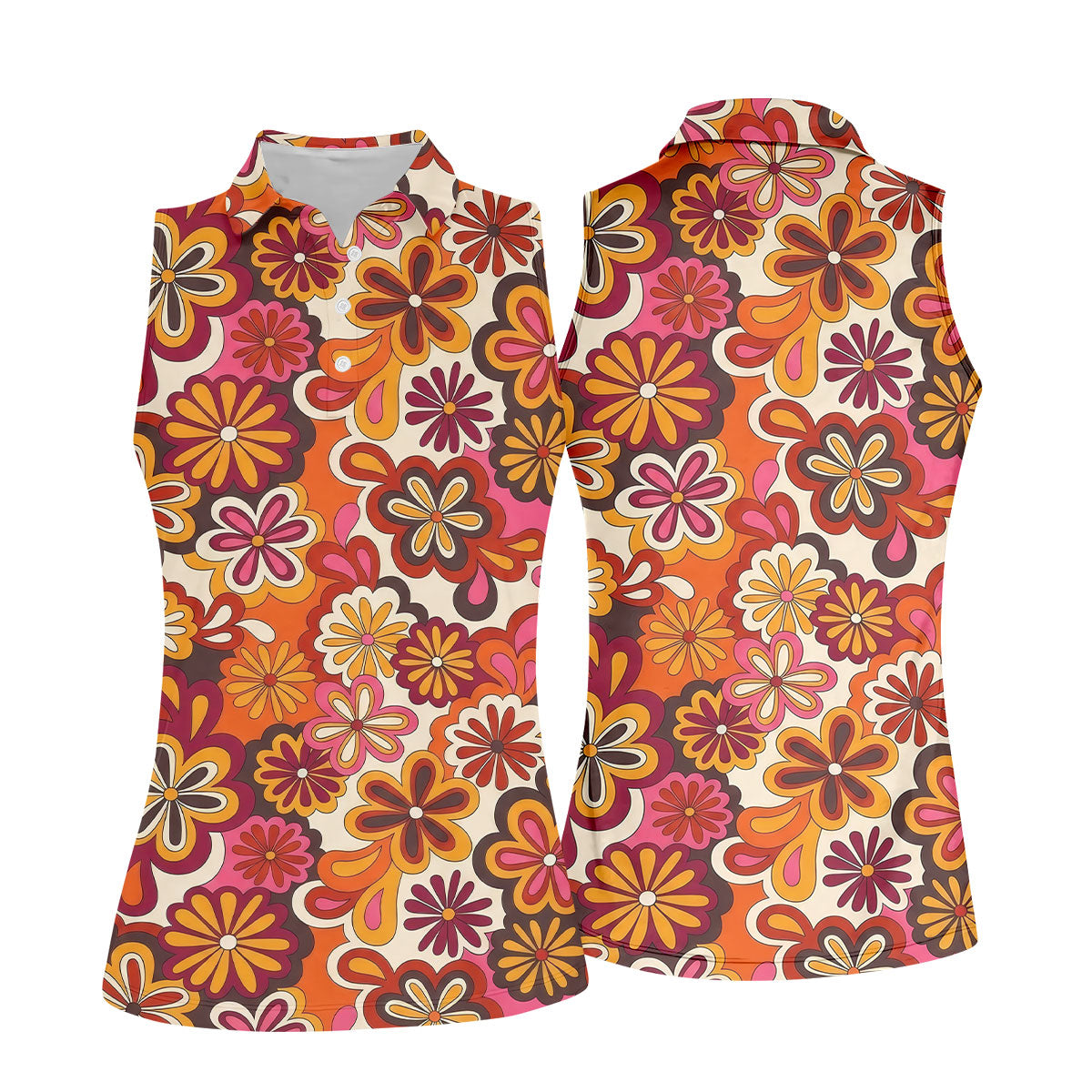 Retro Floral Pattern 70s Color Ladies Golf Tops, Retro Golf Shirt, Women's Golf Tops, Ladies Golf Shirt