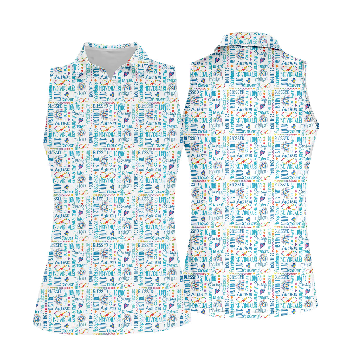 Autism Awareness Rainbow Heart Infinity Symbol Blue And White Golf Shirt For Women, Ladies Golf Polos