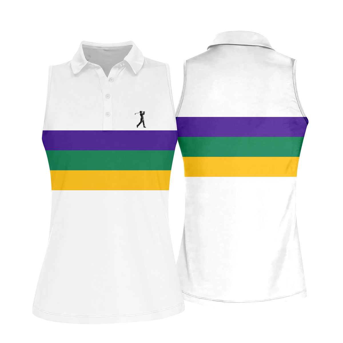 Mardi Gras Purple Green Gold Horizontal Stripes White Golf Shirt, Women's Golf Shirts, Ladies Golf Polos