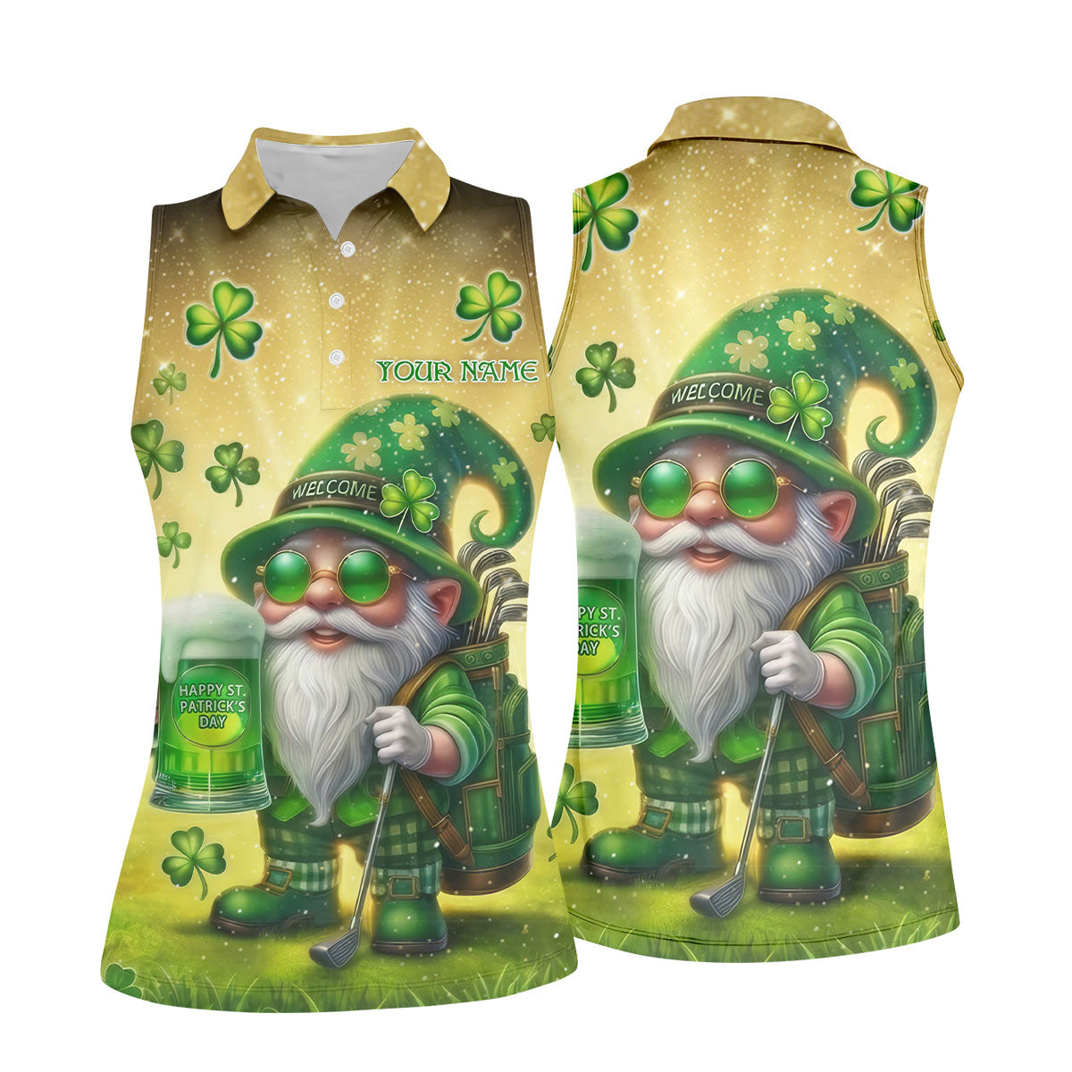 Happy St Patrick's Day Shamrock Gnome Golf And Beer Women's Golf Tops, Ladies Golf Polos