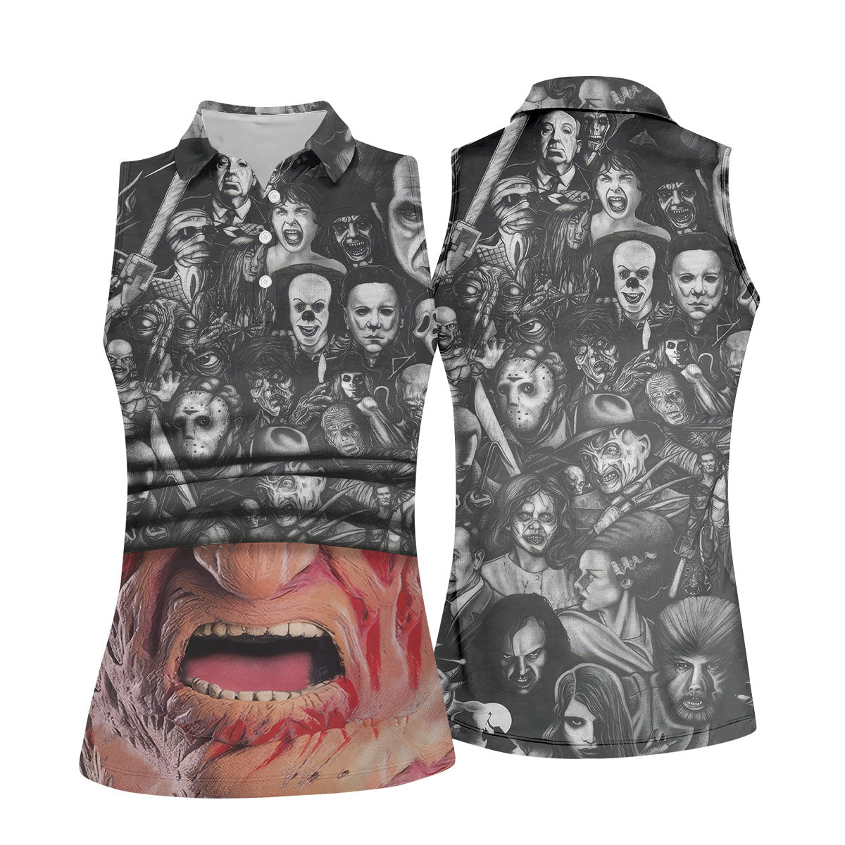 Burned Face Horror Character Halloween Polo Shirt, Womens Golf Tops, Printed Golf Shirt