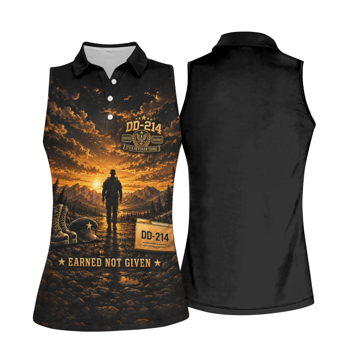 Custom DD-214 Sunset Soldier Golf Polo Shirt, Womens Golf Polo, Veterans Day Shirt