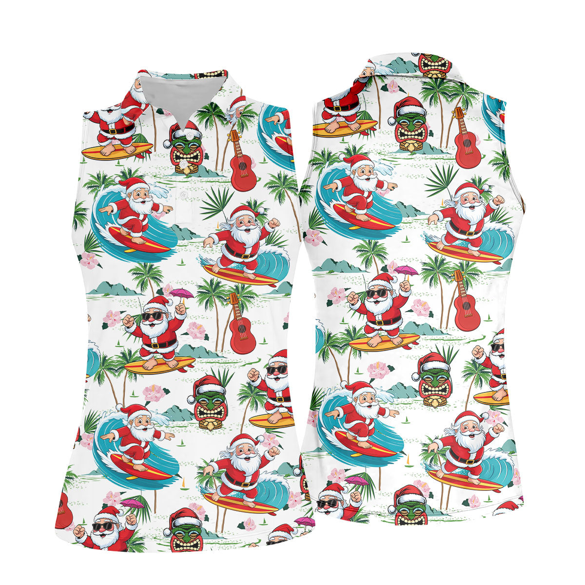 Tropical Christmas Surfing Santa Golf Polo Shirt, Women’s Golf Polo, Golf Tops For Women