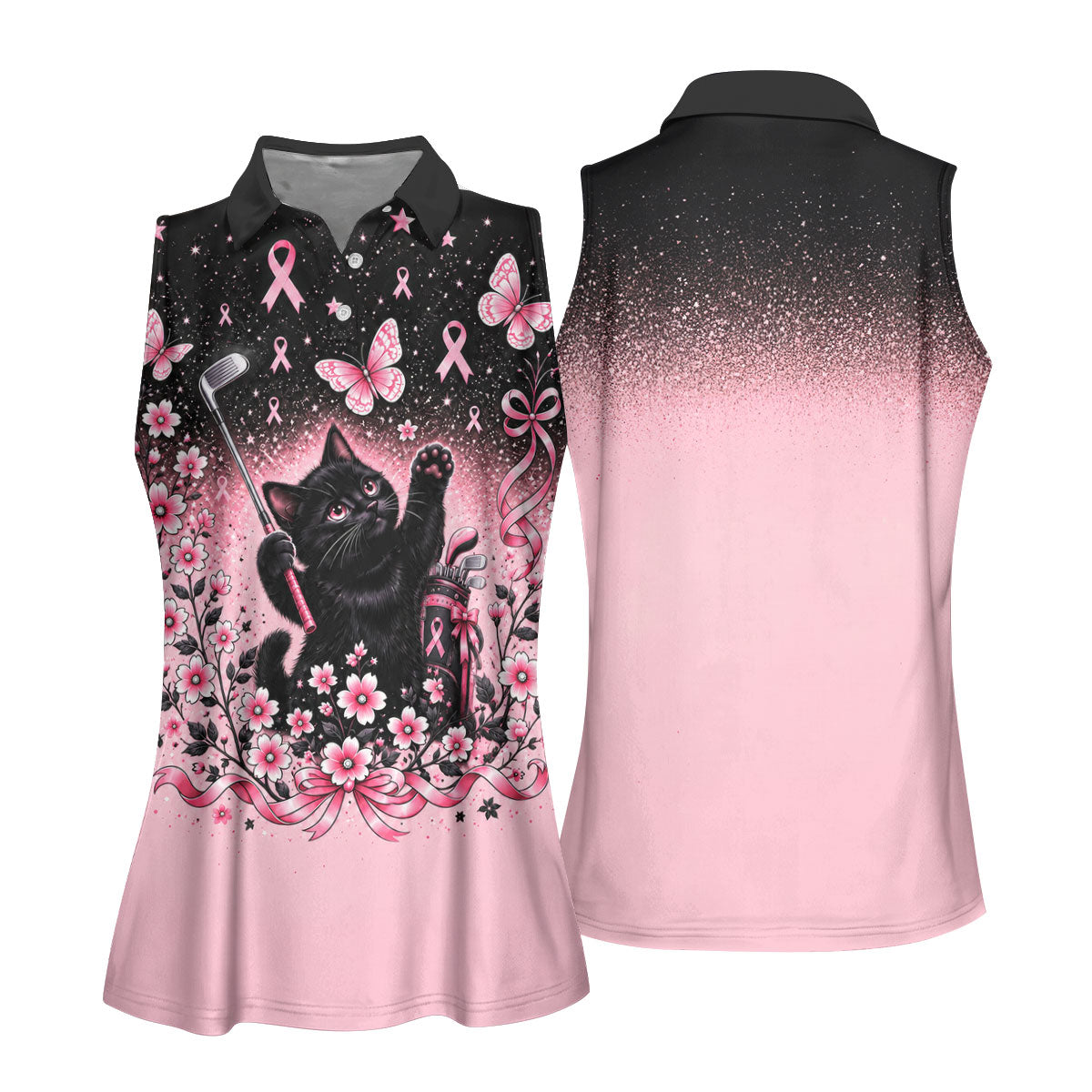 Black Cat Breast Cancer Ribbons Polo Shirt, Womens Golf Tops, Golf Polo For Women