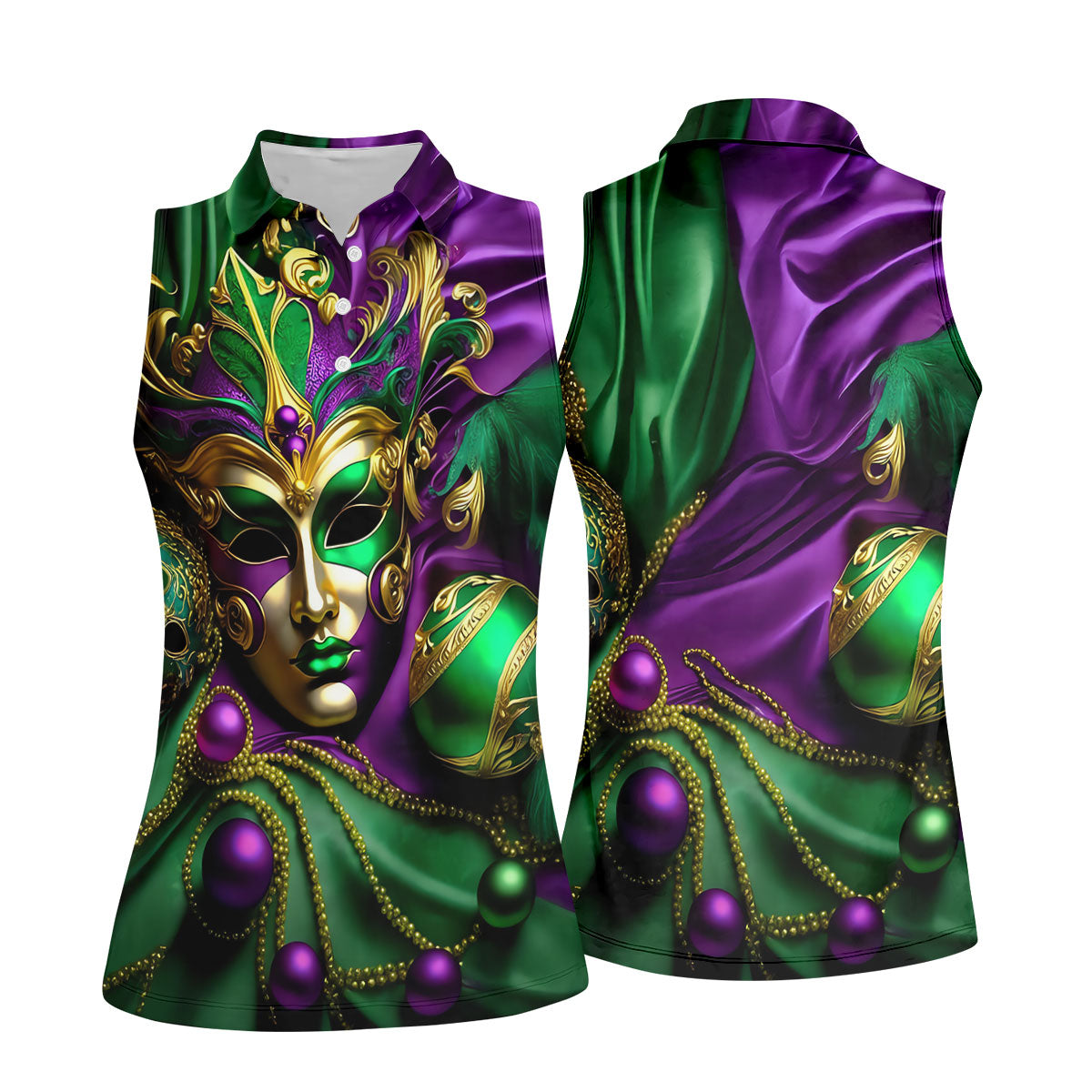 Mardi Gras Face Mask Purple Green Gold Women's Golf Tops, Ladies Golf Polos, Women's Polo Shirt