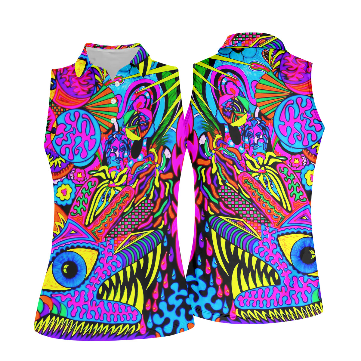 Neon Psychedelic Abstract Eye Pattern Golf Shirt, Women's Golf Tops, Women’s Golf Apparel, Performance Golf Shirt