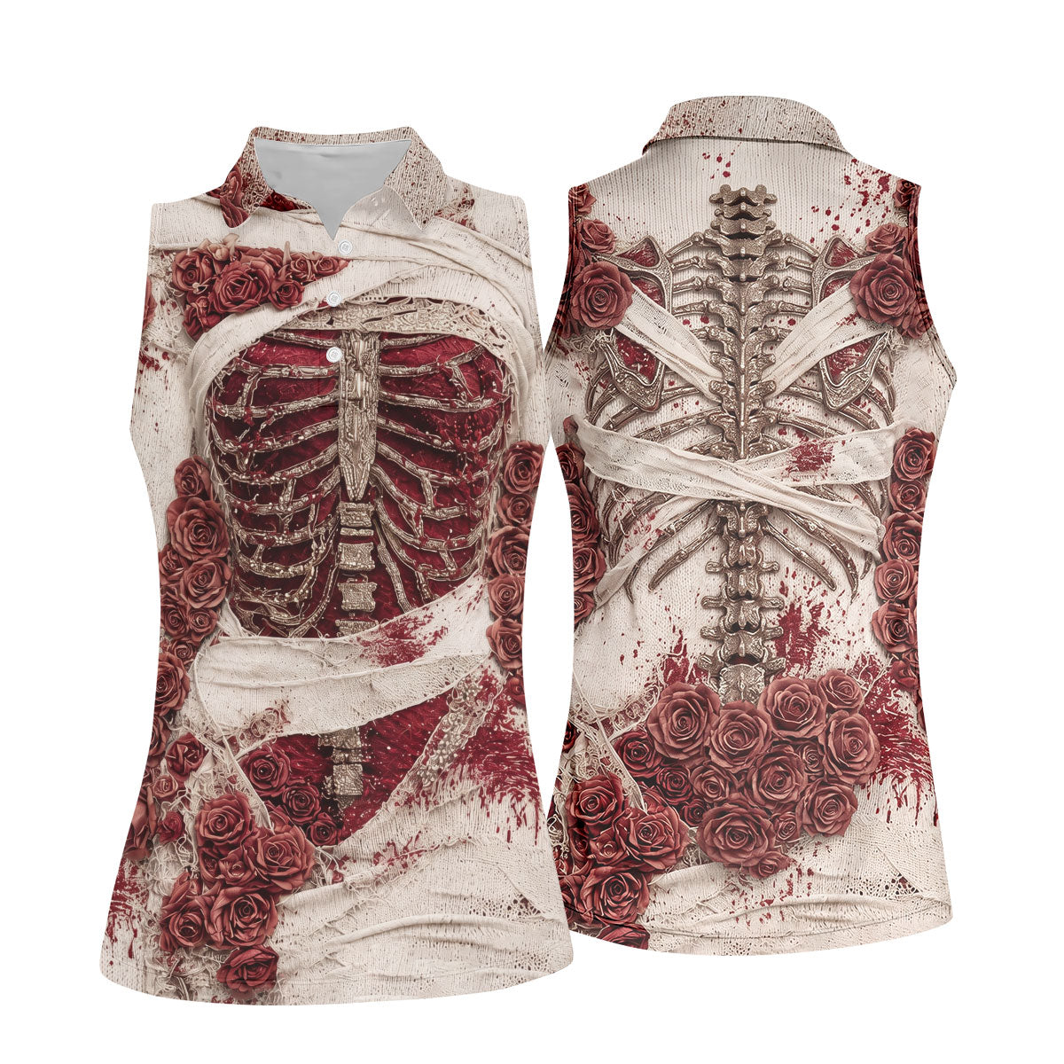 Bloody Skeleton Rose Halloween Polo Shirt, Golf Tops For Women, Women’s Golf Apparel