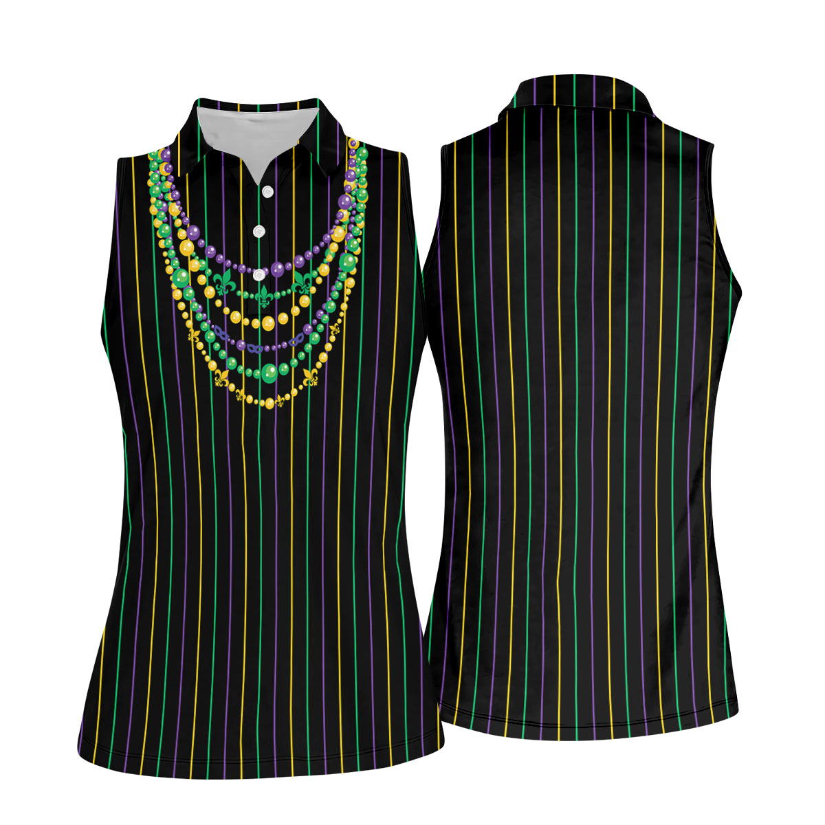 Mardi Gras Beads Necklaces Print Black Golf Shirt, Women's Golf Shirts, Ladies Golf Polos, Golf Shirt For Women