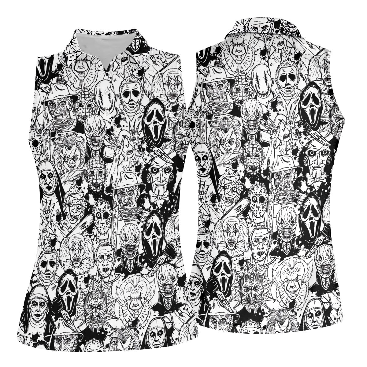 Black White Horror Character Sketch Golf Shirt, Women’s Golf Polo, Halloween Golf Shirt