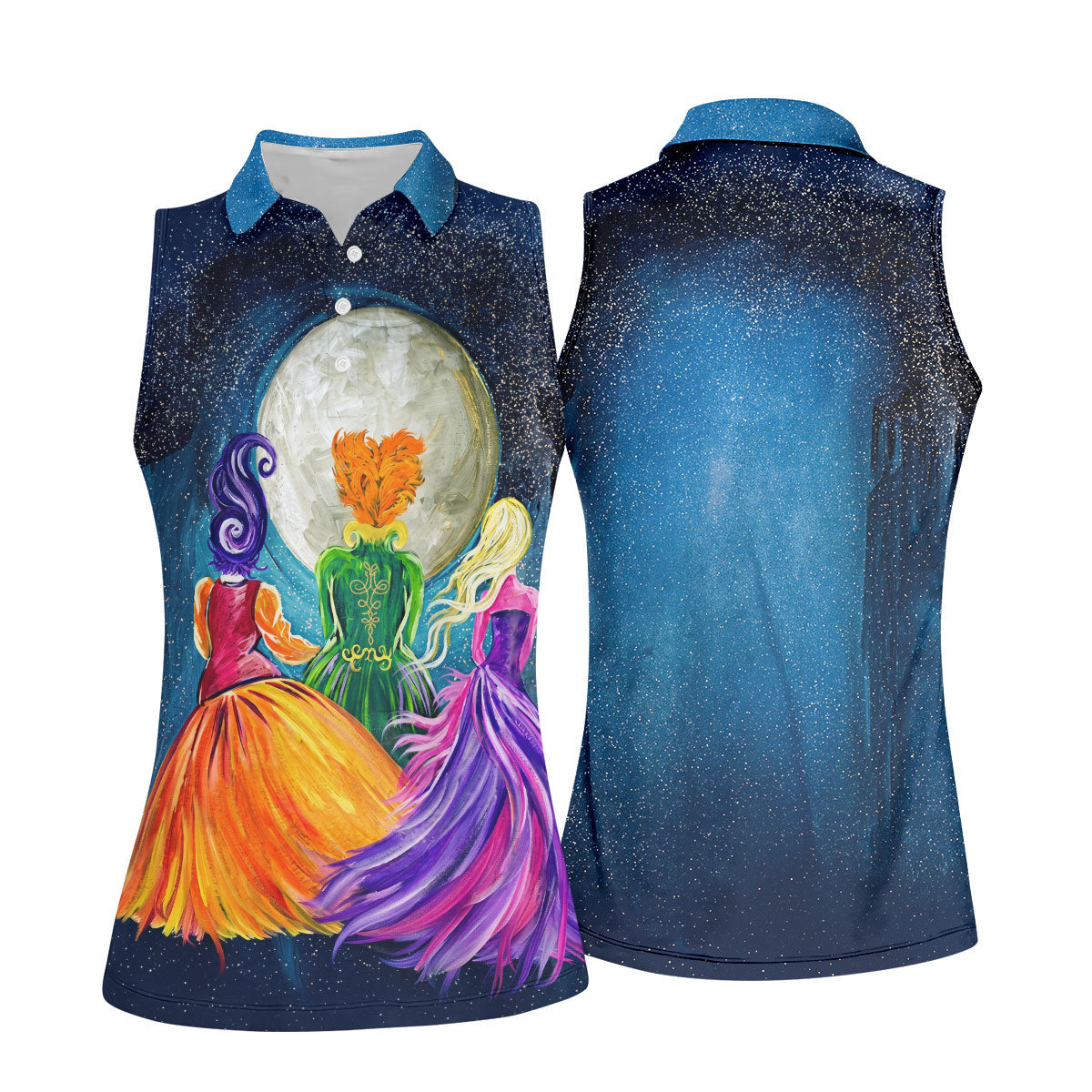 Moonlit Witch Sisters Halloween Polo Shirt, Golf Shirts For Women, Women’s Golf Apparel