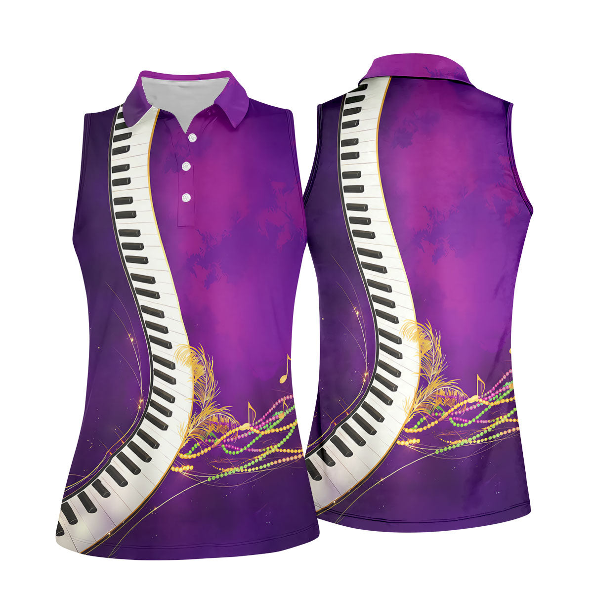 Mardi Gras Feather Beads Piano Keyboard Print Purple Golf Shirt, Women's Golf Tops, Ladies Golf Polos