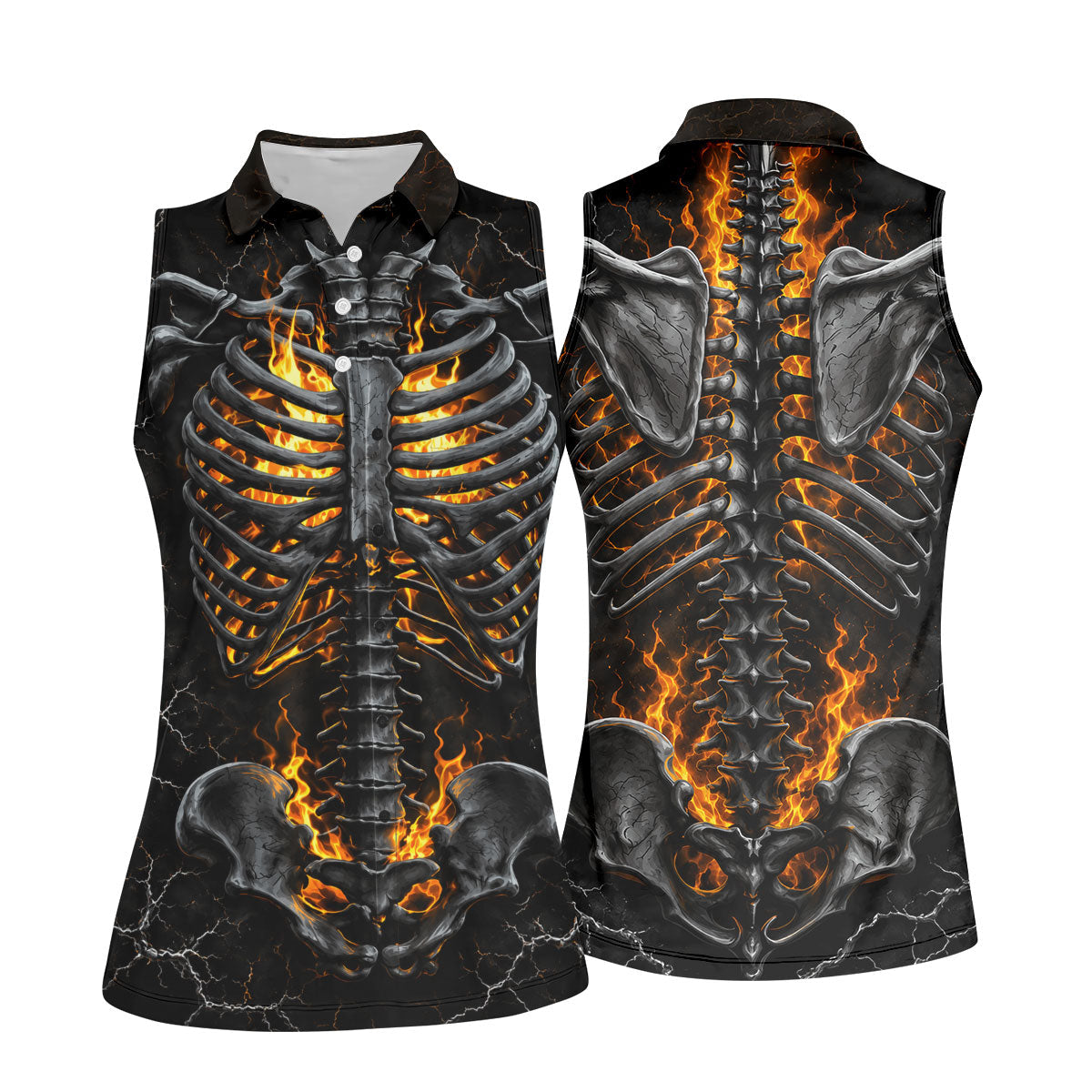 Burning Skeleton Rib Cage Halloween Polo Shirt, Womens Golf Tops, Ladies Golf Shirts