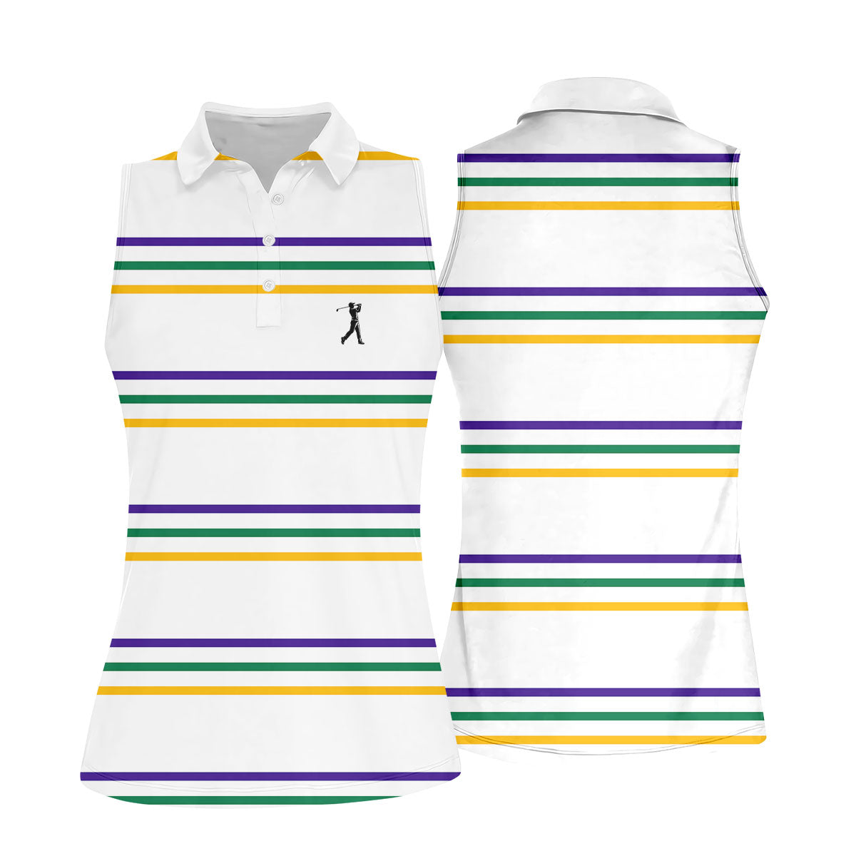 Mardi Gras Purple Green Gold Stripe Pattern Women White Golf Shirt, Ladies Golf Polos, Golf Shirt For Women
