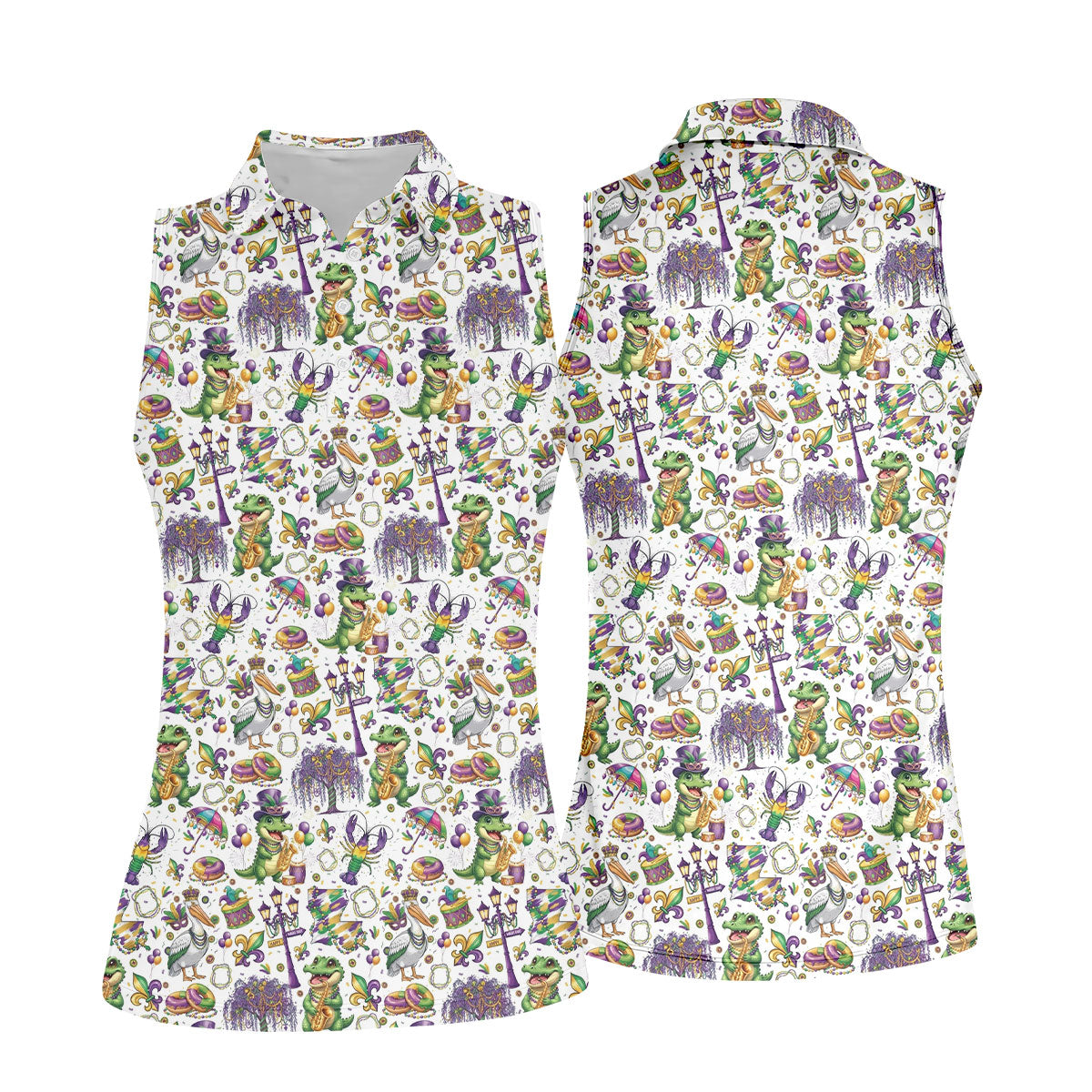 Mardi Gras Fleur De Lis Animal Band White Golf Shirt, Women's Golf Shirts, Ladies Golf Polos