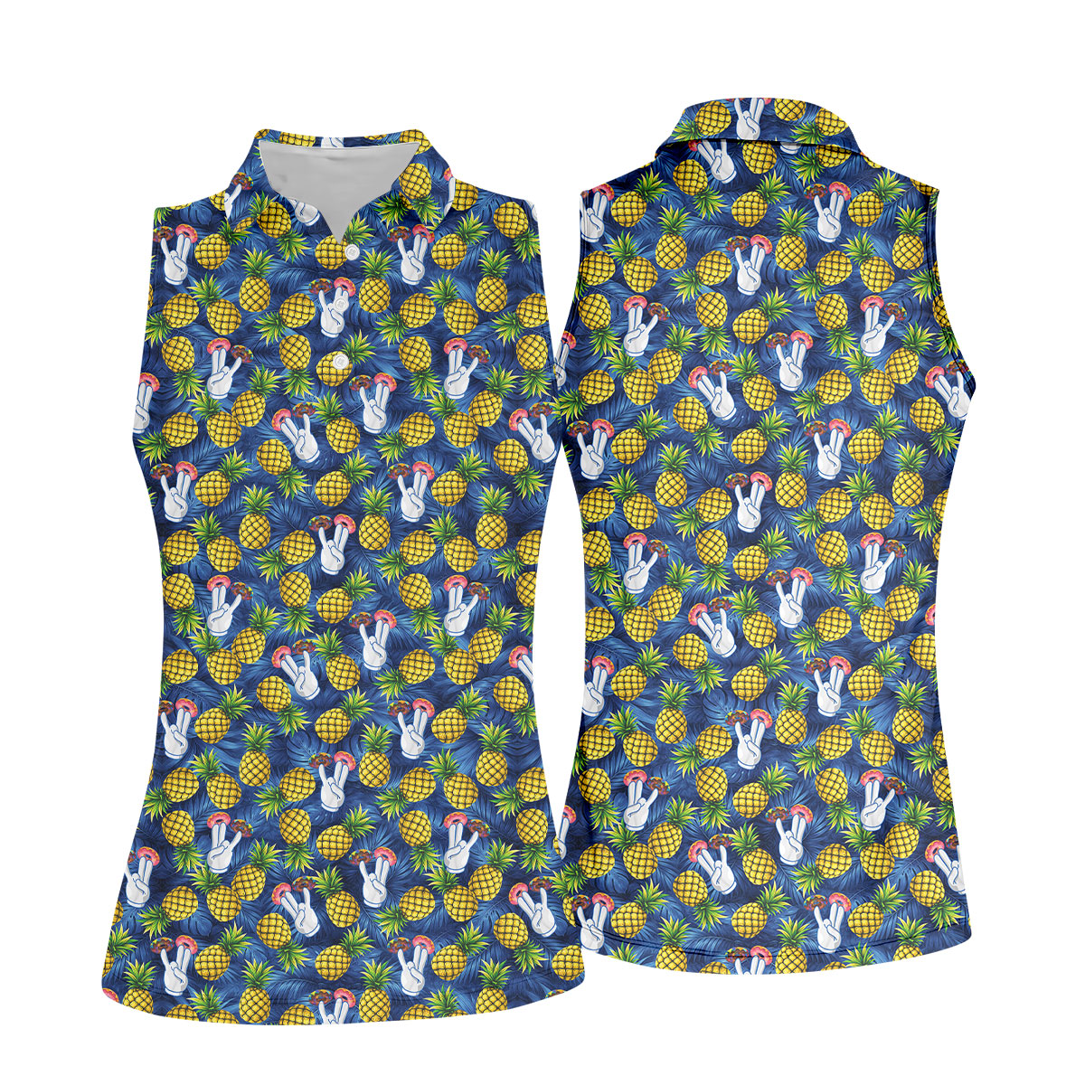 Hawaiian Pineapples Donut Finger Blue Green Yellow Fun Women's Golf Shirts, Women's Golf Tops, Ladies Golf Shirts