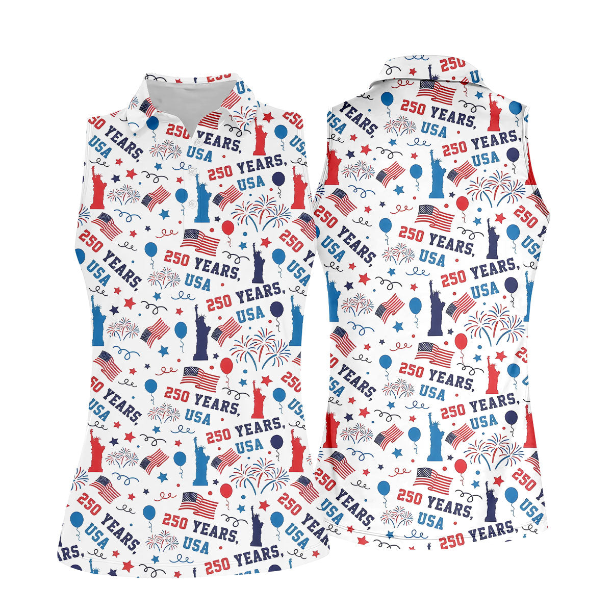 250 Years USA Red White Blue Seamless Pattern White Golf Shirt, Patriotic 4th Of July Golf Shirt For Women