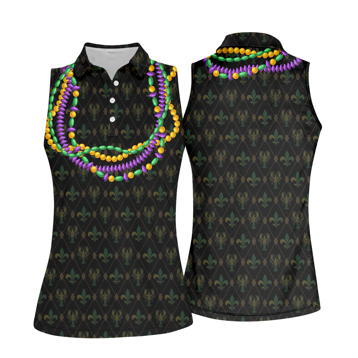 Mardi Gras Beads Chain Crawfish Fleur De Lis Black Golf Shirt, Women's Golf Tops, Ladies Golf Polos