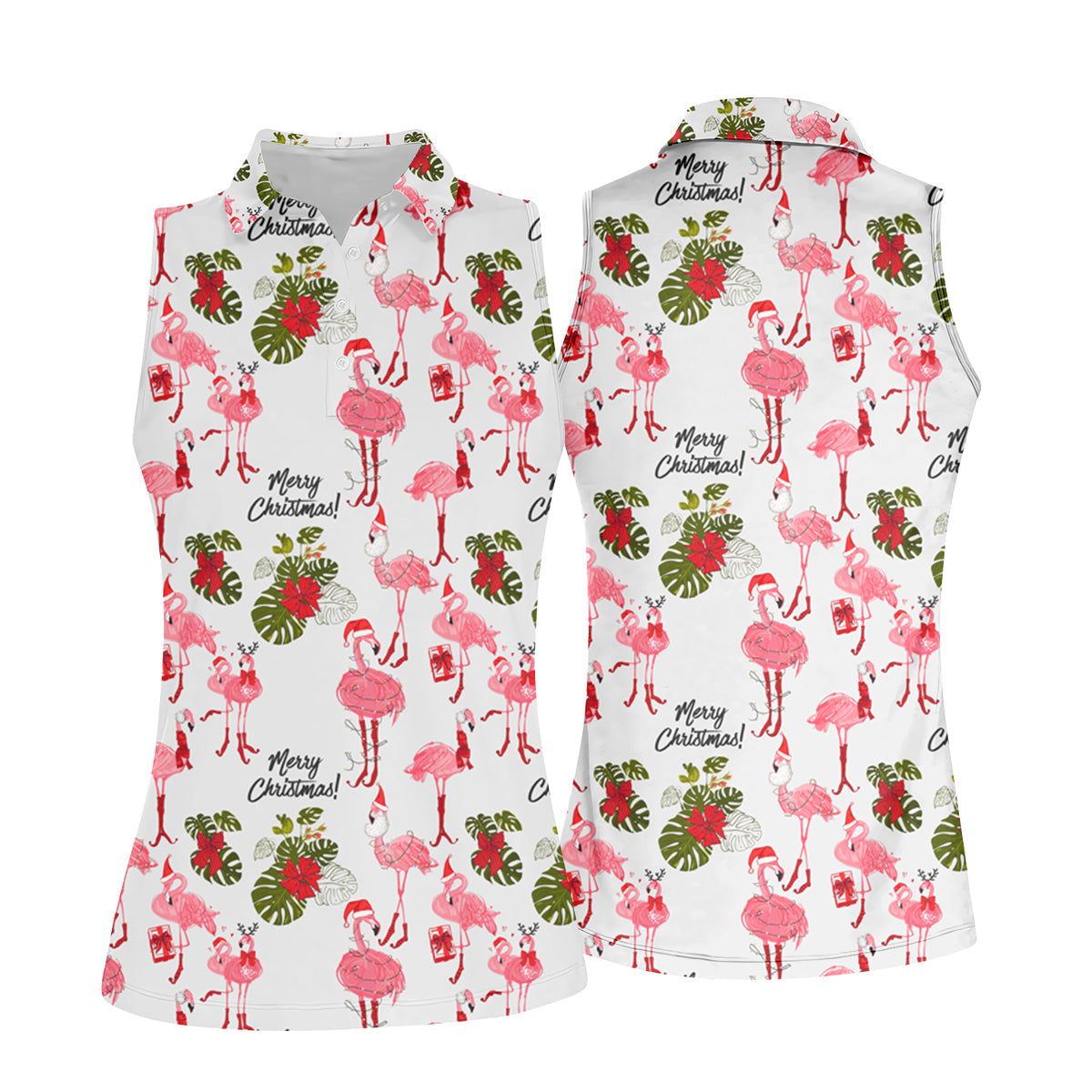 Flamingo Merry Christmas Golf Shirt For Women, Christmas Golf Shirt Polos, Ladies Golf Apparel
