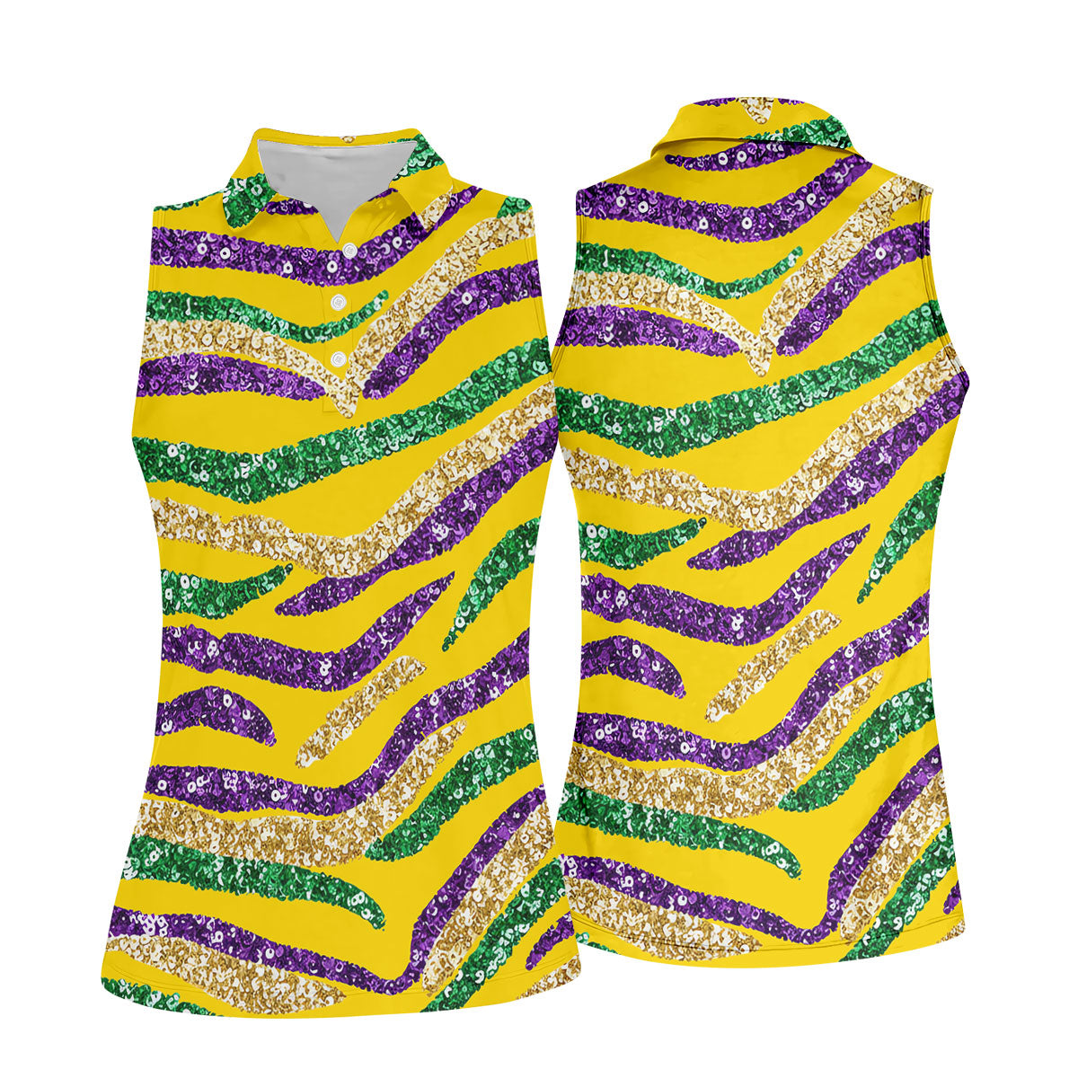 Purple Green Gold Sequin Pattern Yellow Golf Shirt, Mardi Gras Golf Shirt, Women's Golf Tops, Ladies Golf Shirts