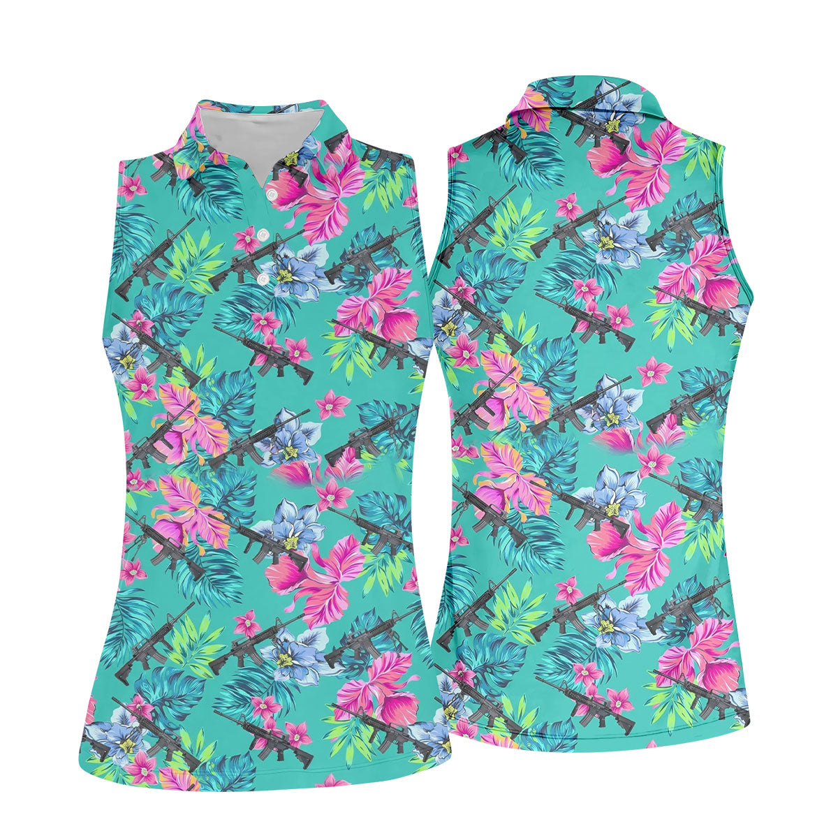 Hawaiian Floral With Army Theme Women Golf Top, Ladies Golf Shirts, Golfing Apparel