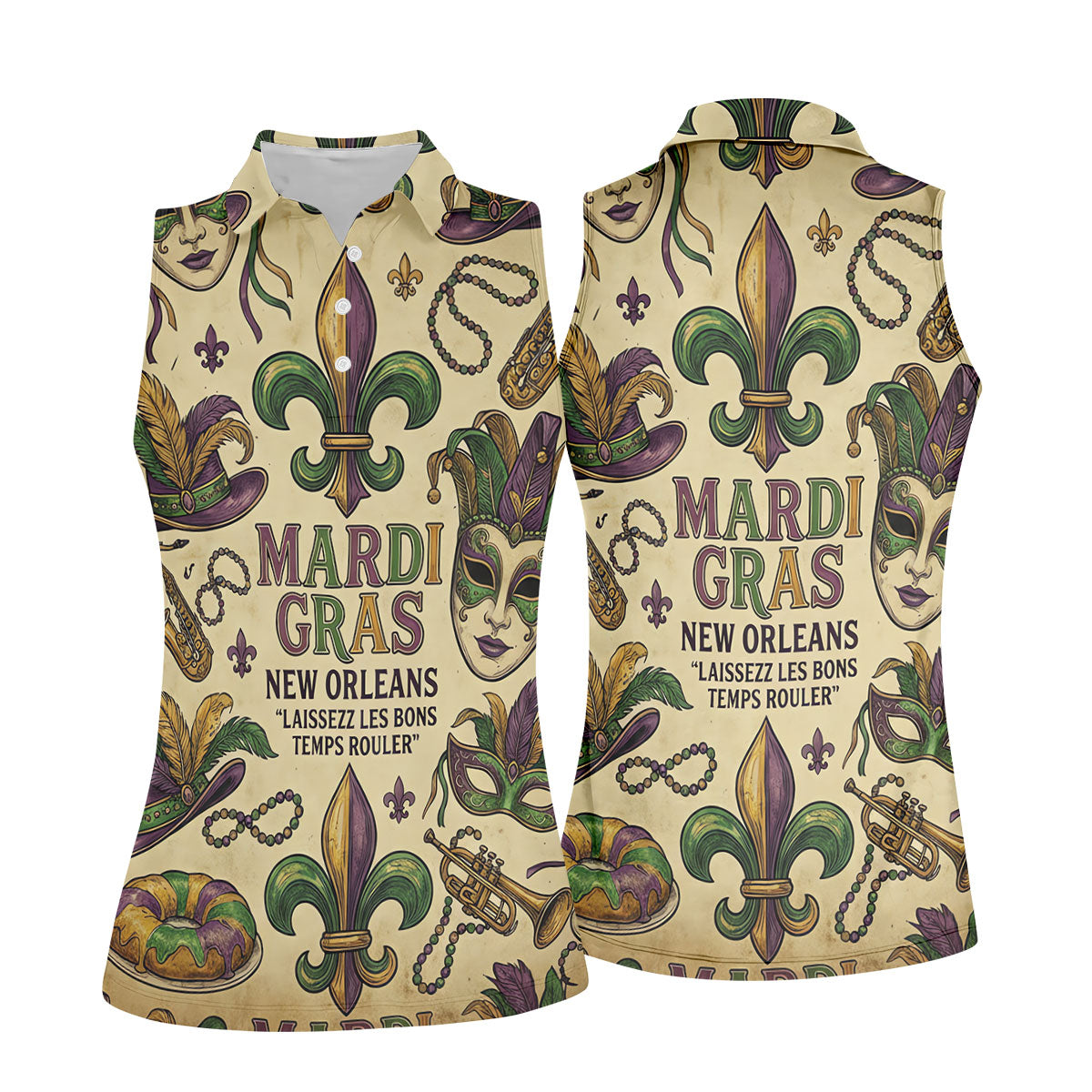Mardi Gras New Orleans Fleur De Lis Carnival Hat Women's Golf Tops, Ladies Golf Shirts, Ladies Golf Polos