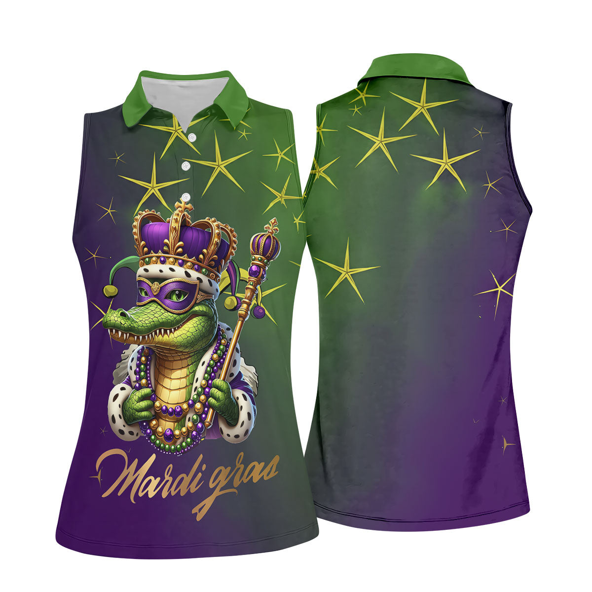 Mardi Gras Aligator Crown Mask Purple Green Gold Women's Golf Shirts, Women's Golf Tops, Ladies Golf Shirts