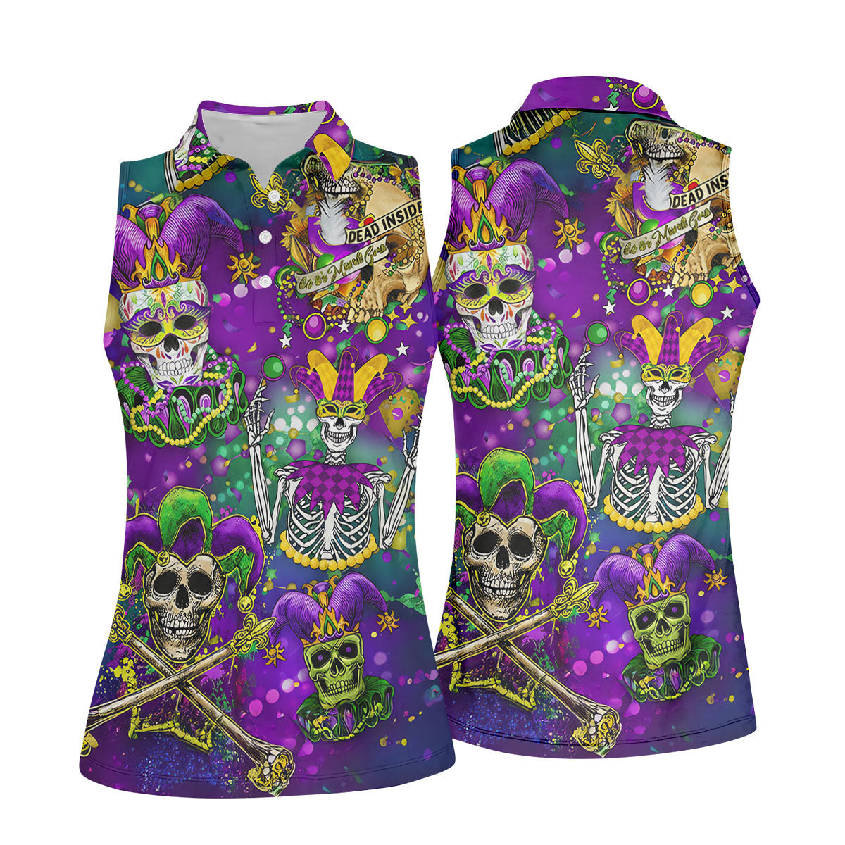Dead Inside Mardi Gras Festival Skull Purple Green Gold Women's Golf Tops, Ladies Golf Polos