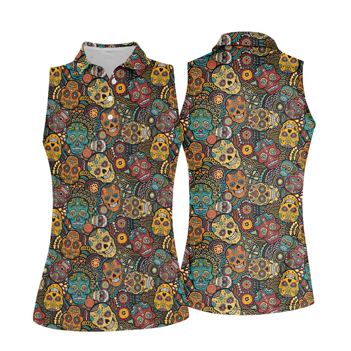 Colorful Sugar Skull Halloween Polo Shirt, Golf Shirts For Women, Women’s Golf Apparel
