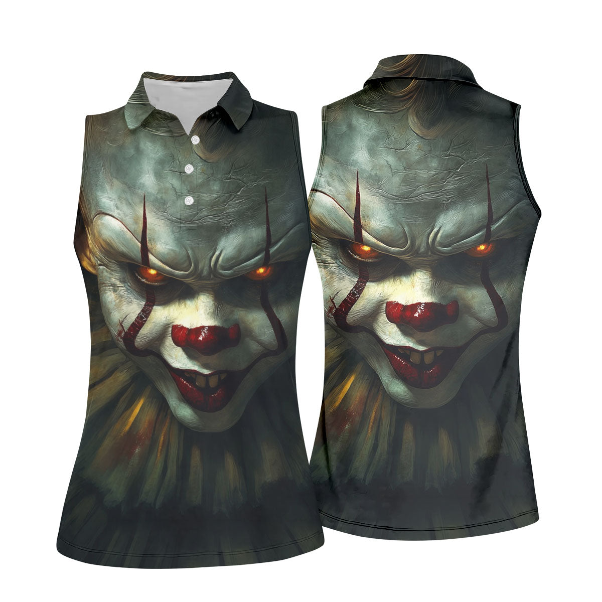 Scary Clown Face Halloween Polo Shirt, Golf Tops For Women, Women’s Golf Apparel