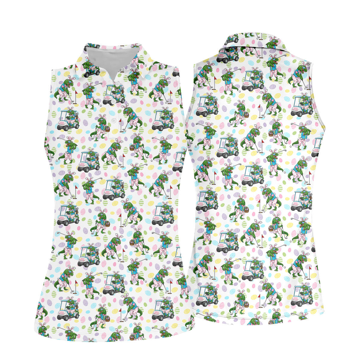 T-Rex Bunny Colorful Easter Egg Women Golf Top, Fun Women's Golf Shirts, Ladies Golf Shirts