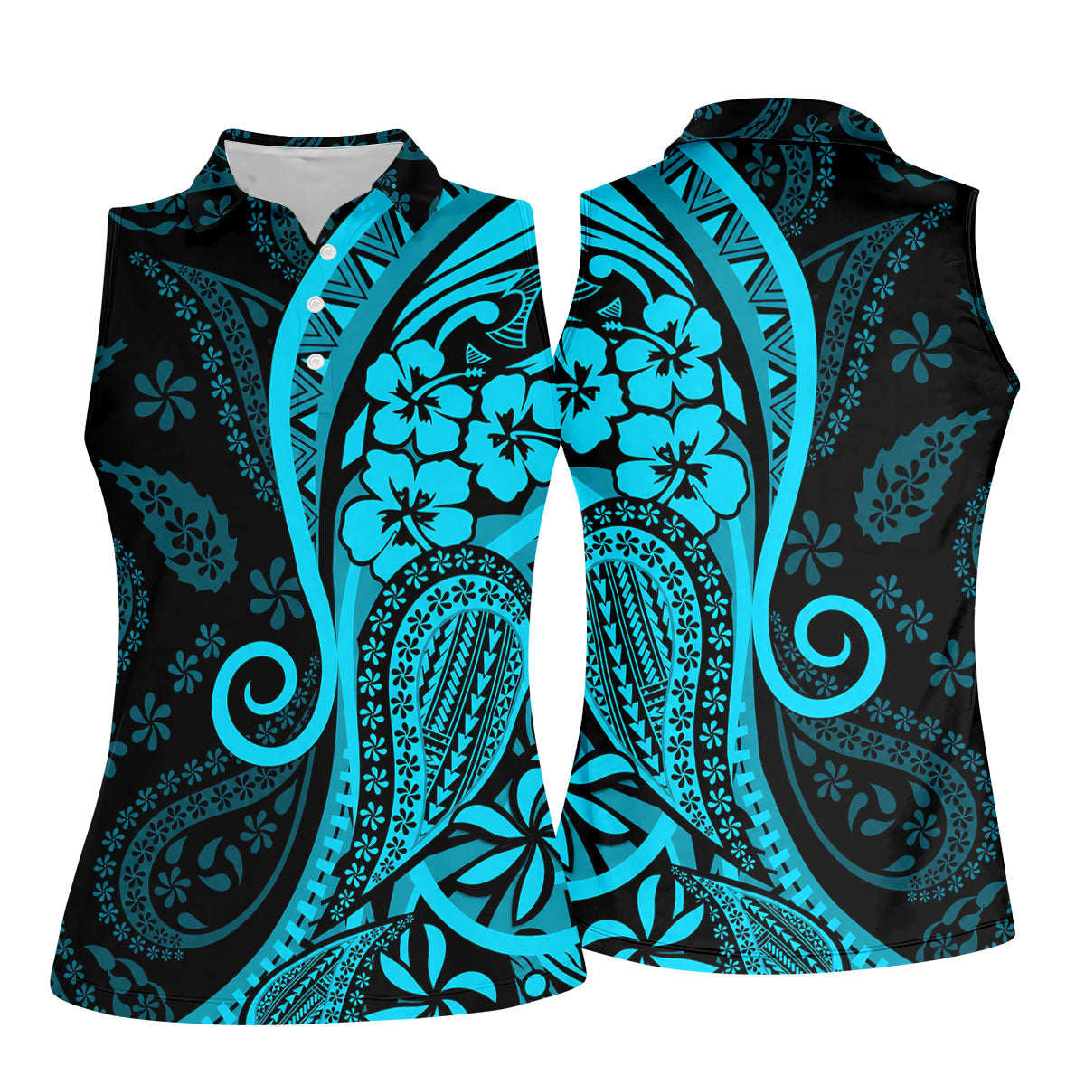 Island Tribal Golf Shirt, Blue Hawaiian Hibiscus Polo, Polo Shirts For Women