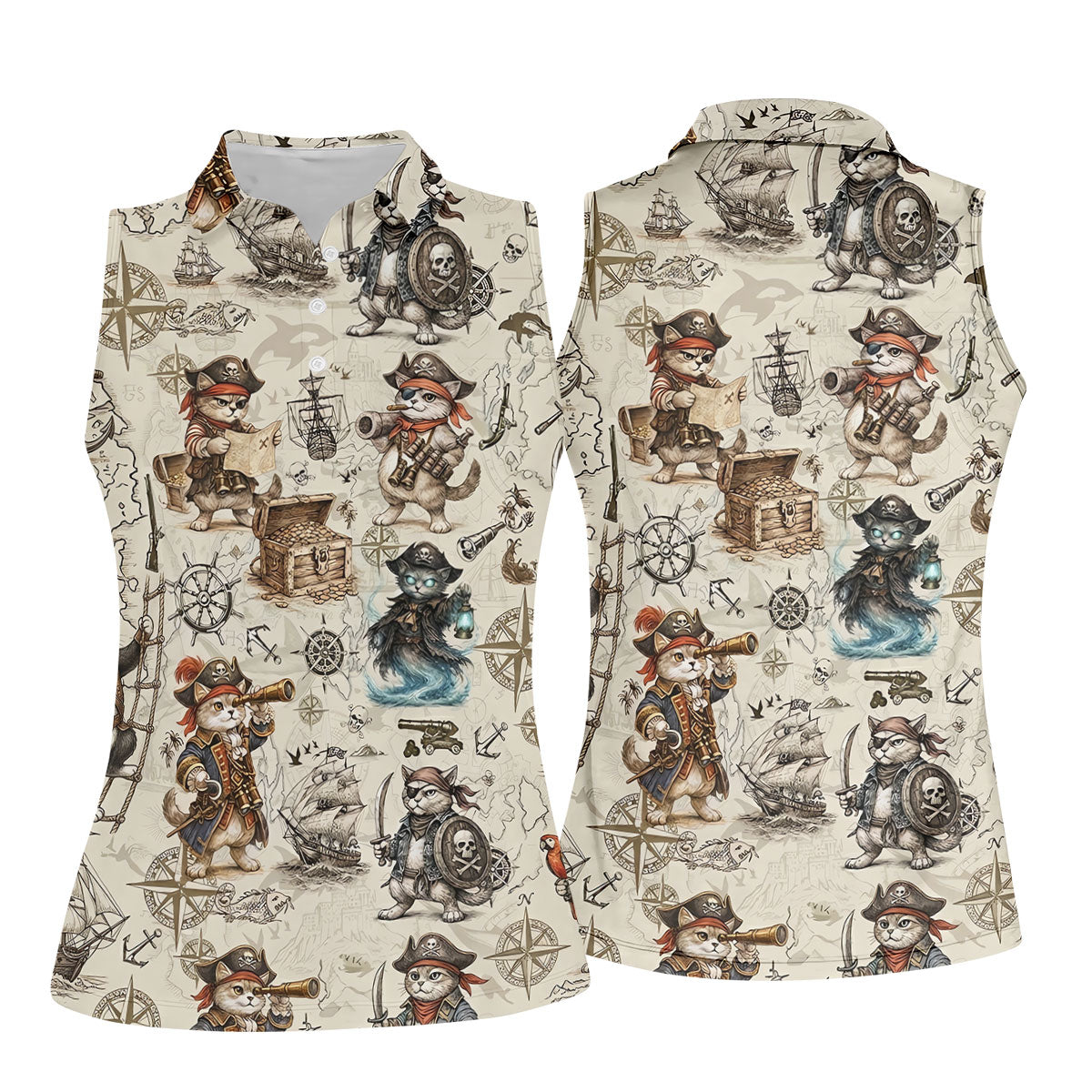 Vintage Pirate Cat Treasure Map Adventure Golf Shirt, Women's Golf Shirt, Golf Polo For Women, Golf Shirts For Women