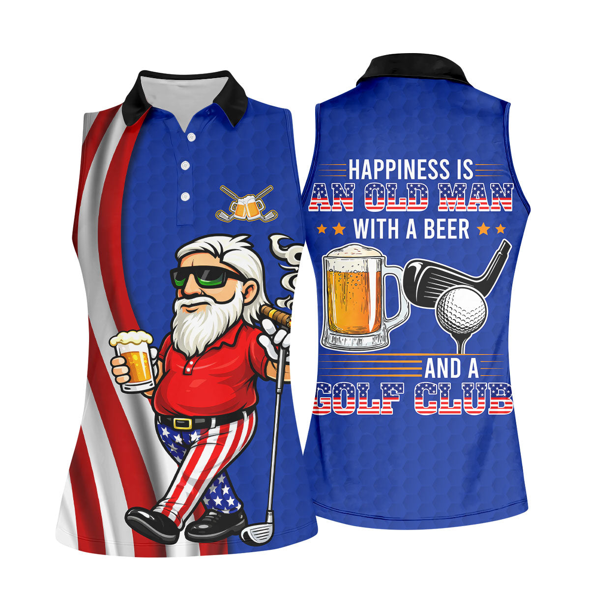 Happiness Is An Old Man With A Beer Funny 4th Of July Navy Golf Shirt, 250th Anniversary Women's Golf Tops