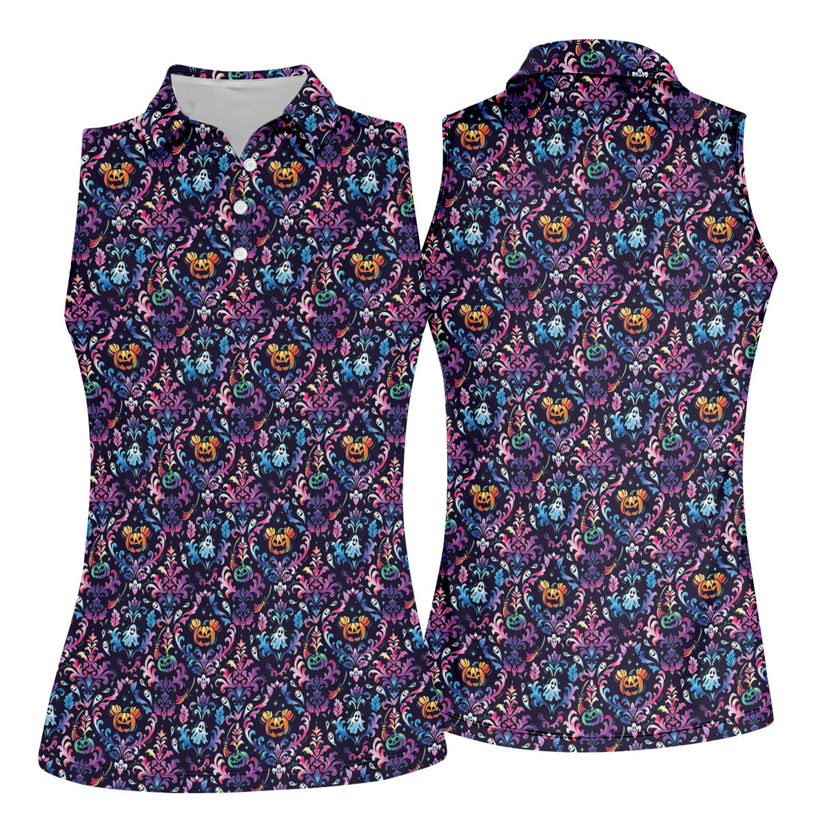 Colorful Ghost Pumpkin Floral Halloween Polo Shirt, Women’s Sleeveless Golf Shirt, Ladies Golf Top