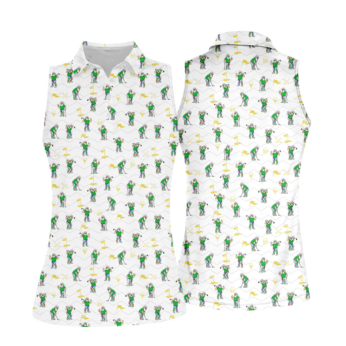 Funny Bearded Golfer Cartoon Pattern Polo Shirt, Womens Golf Tops, Golf Tops For Women