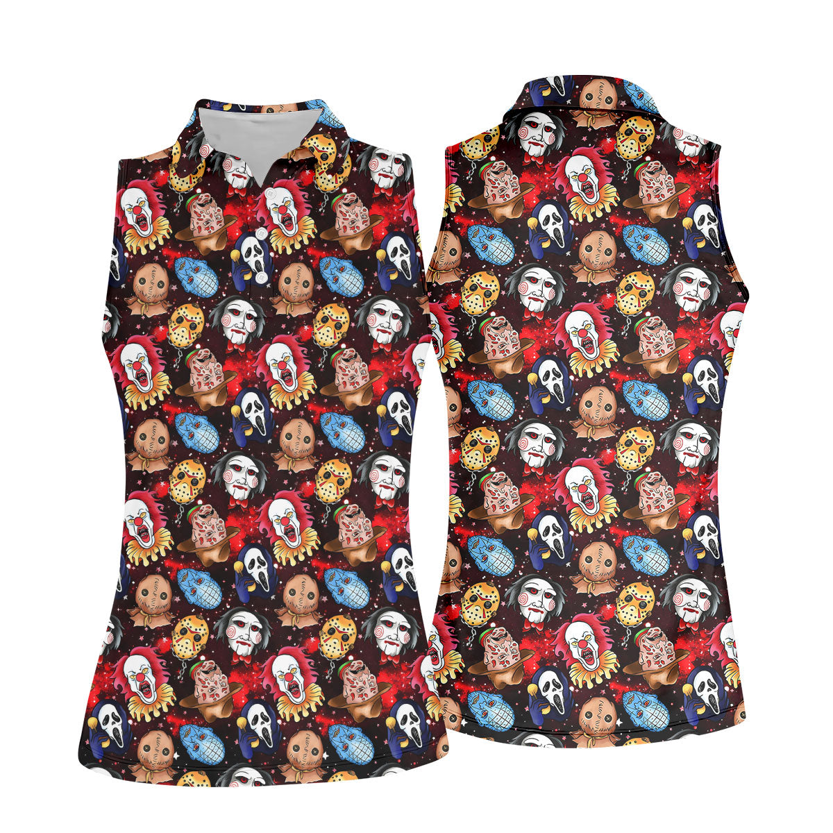 Red Galaxy Horror Character Pattern Halloween Golf Shirt, Ladies Golf Shirts, Women’s Golf Apparel