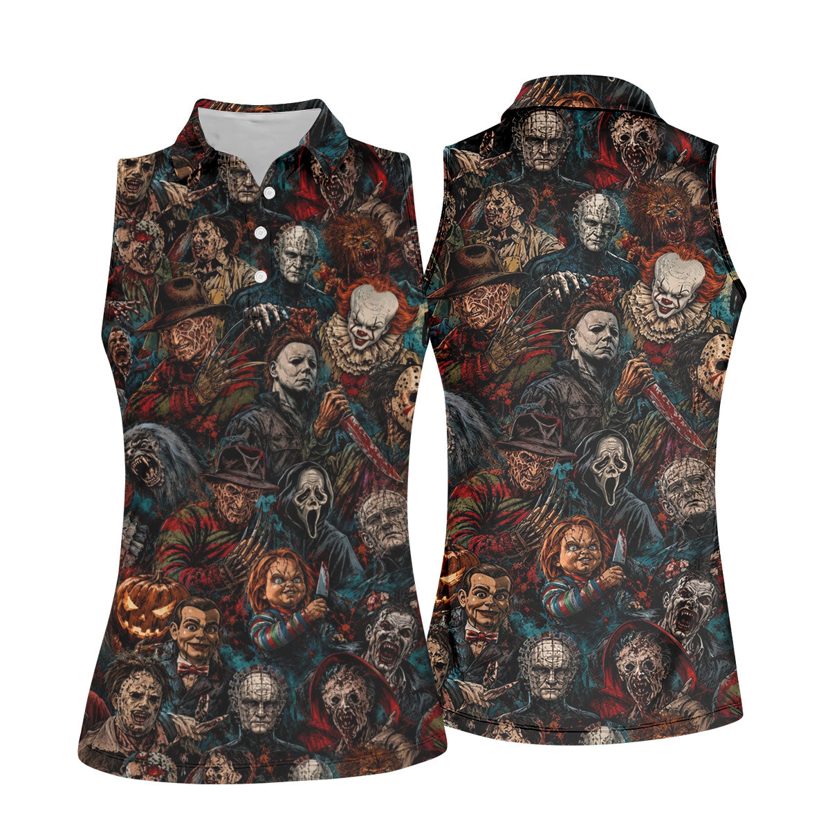 Dark Horror Character Collage Halloween Polo Shirt, Women’s Golf Polo, Ladies Golf Top