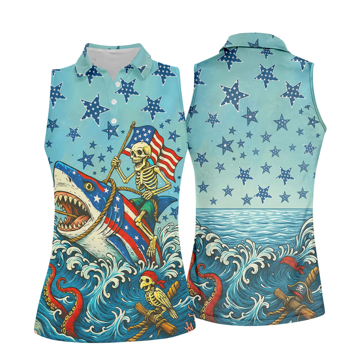 Skeleton Riding Shark Patriotic Golf Shirt, 4th Of July Golf Shirt, 250 Years Golf Shirt For Women
