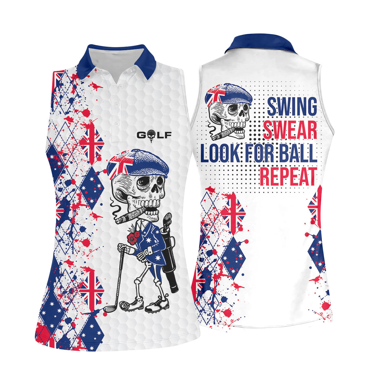 Swing Swear Look For Ball Repeat Australia Flag Print Skeleton Golfer Argyle Golf Shirt, Women's Golf Tops