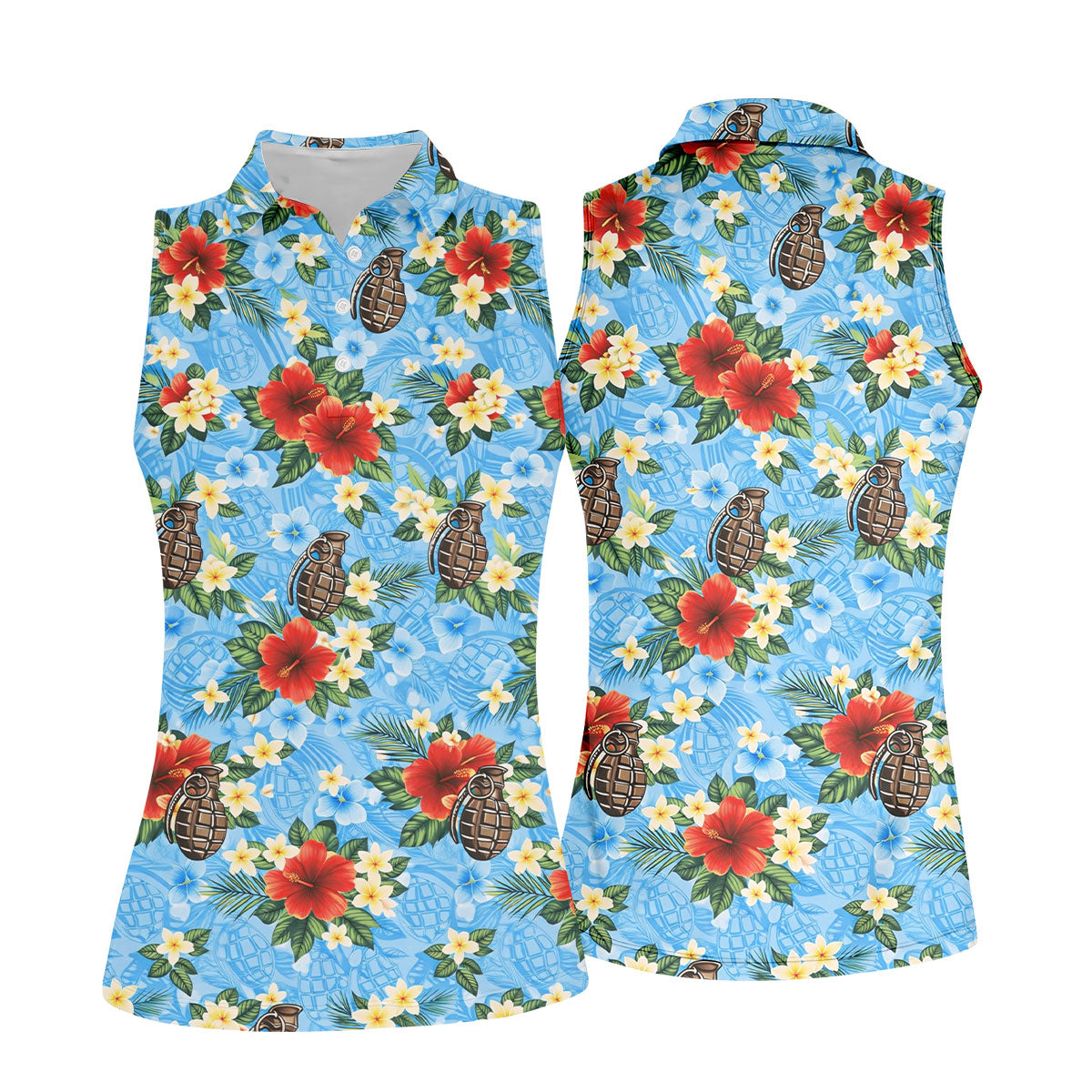 Floral Pattern Army Theme Hawaiian Blue Golf Shirt, Women's Golf Tops, Ladies Golf Shirts