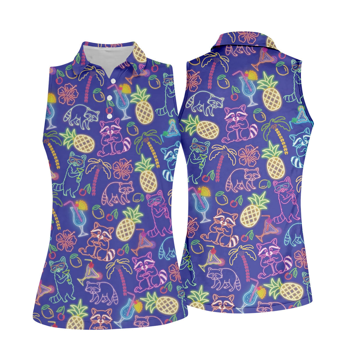 Neon Tropical Raccoon Cocktail Pattern Hawaiian Golf Shirt, Women's Golf Tops, Ladies Golf Shirts
