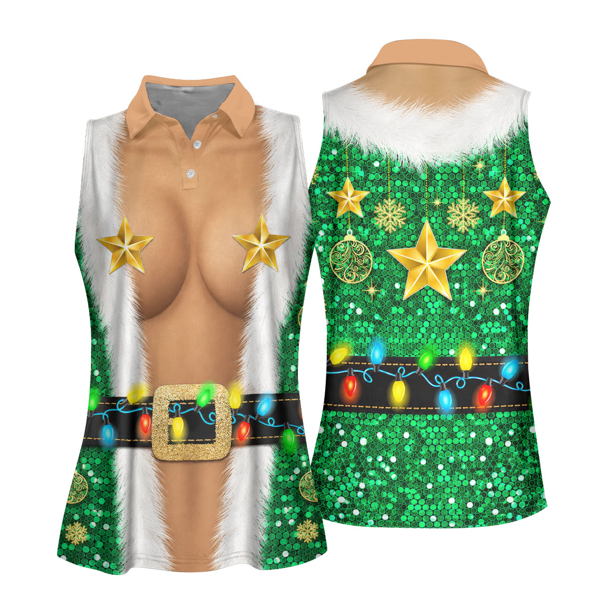 Green Santa Gold Stars Christmas Golf Polo Shirt, Ladies Golf Shirt, Women’s Golf Apparel