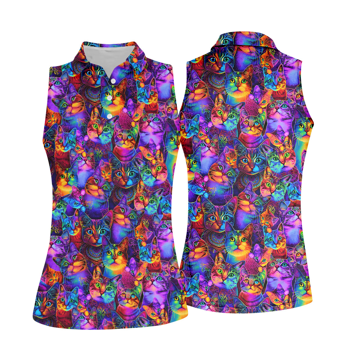 Psychedelic Cat Golf Shirt, Colorful Neon Cat Pattern, Polo Shirts For Women
