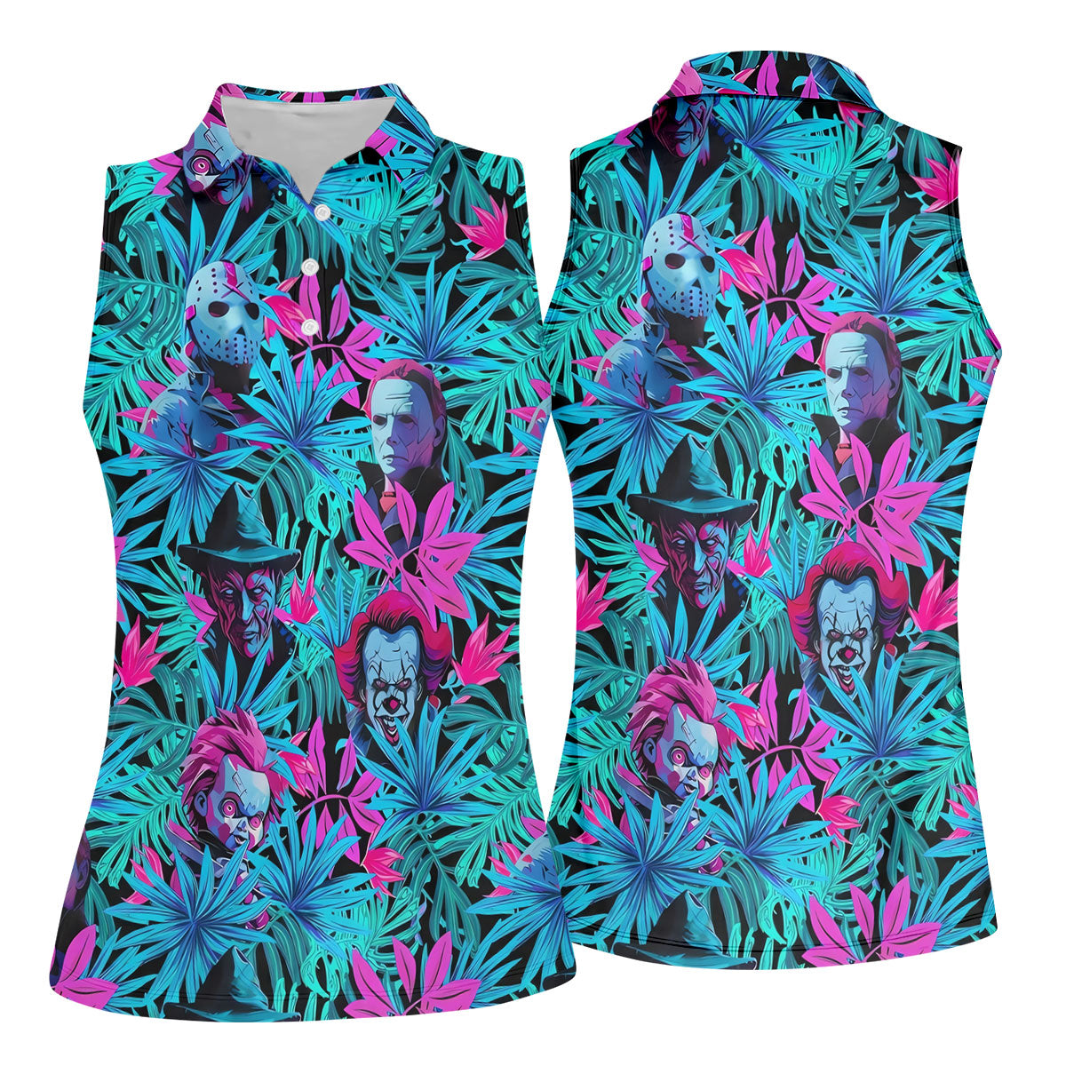 Neon Halloween Horror Character Hawaiian Golf Shirt, Women's Golf Polo, Printed Golf Shirt