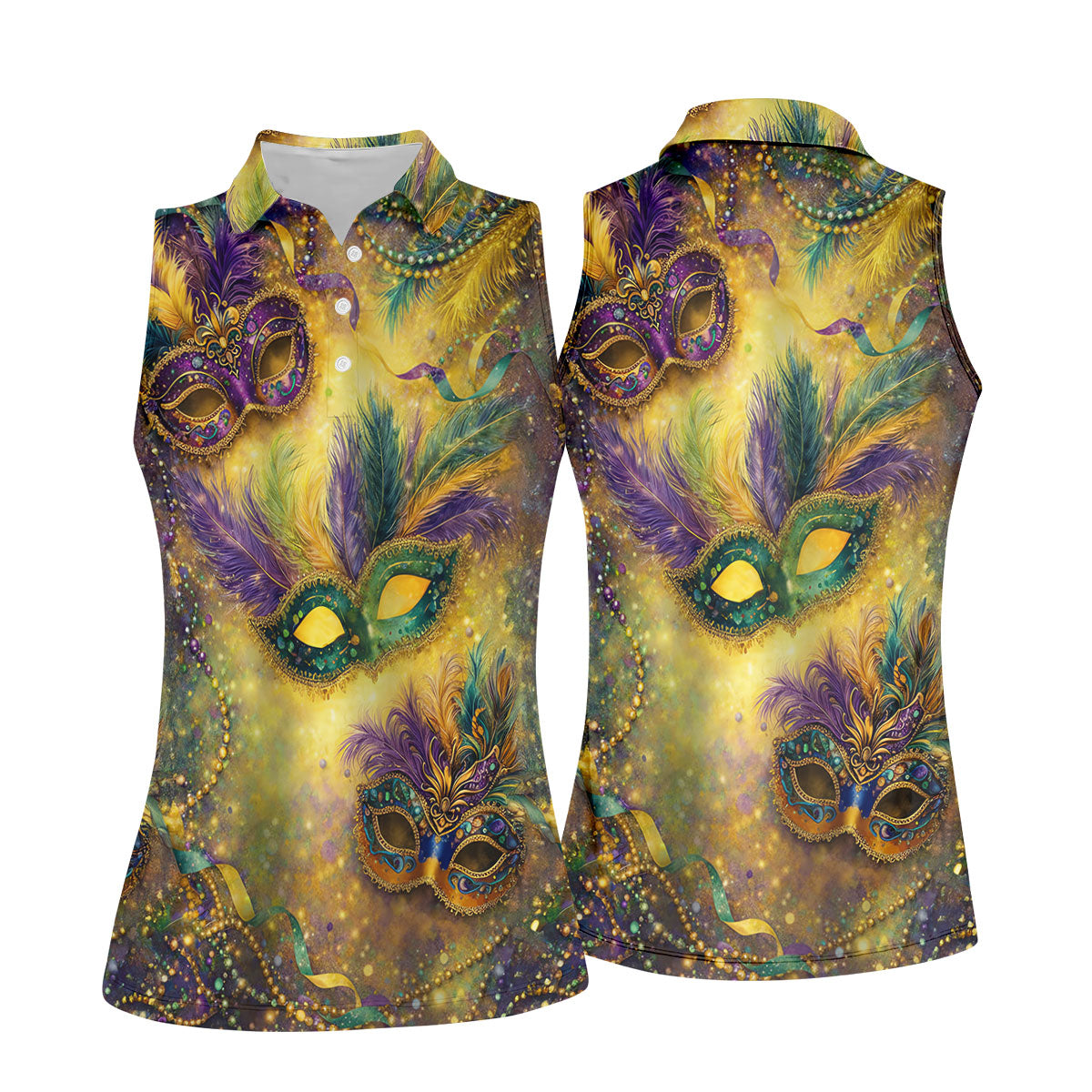 Masquerade Mask Beads Chain Sparkling Effect Mardi Gras Golf Shirt, Women's Golf Tops, Ladies Golf Shirts