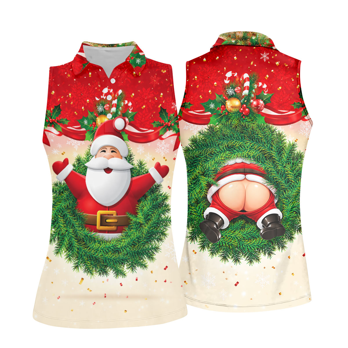 Festive Christmas Santa Wreath Golf Polo Shirt, Women’s Golf Polo, Golf Tops For Women