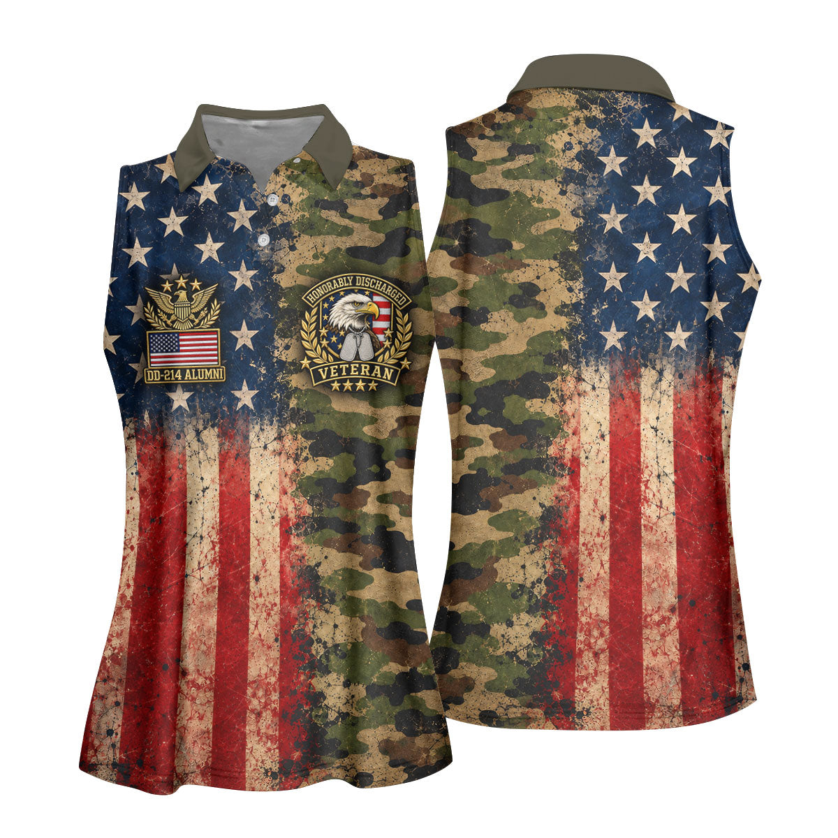 DD-214 Eagle Split USA Flag Camo Polo Shirt, Veterans Day Shirt, Golf Tops For Women