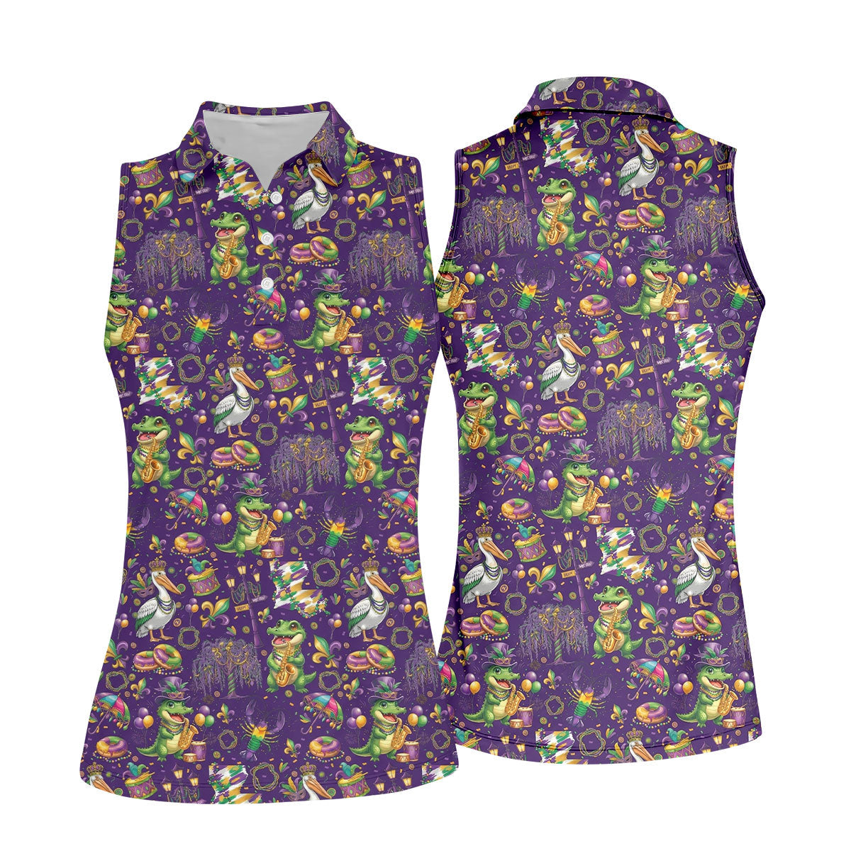 Mardi Gras Fleur De Lis Animal Band Purple Golf Shirt, Women's Golf Shirts, Ladies Golf Polos