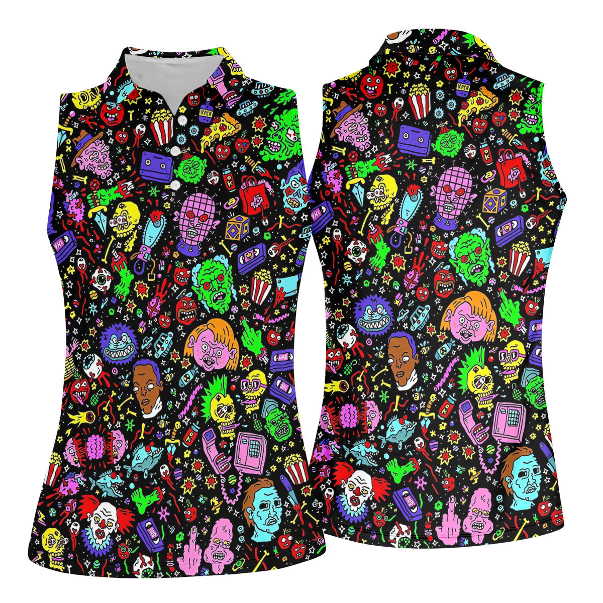 Halloween Horror Character Doodle Hawaiian Golf Shirt, Women's Golf Polo, Printed Golf Shirt