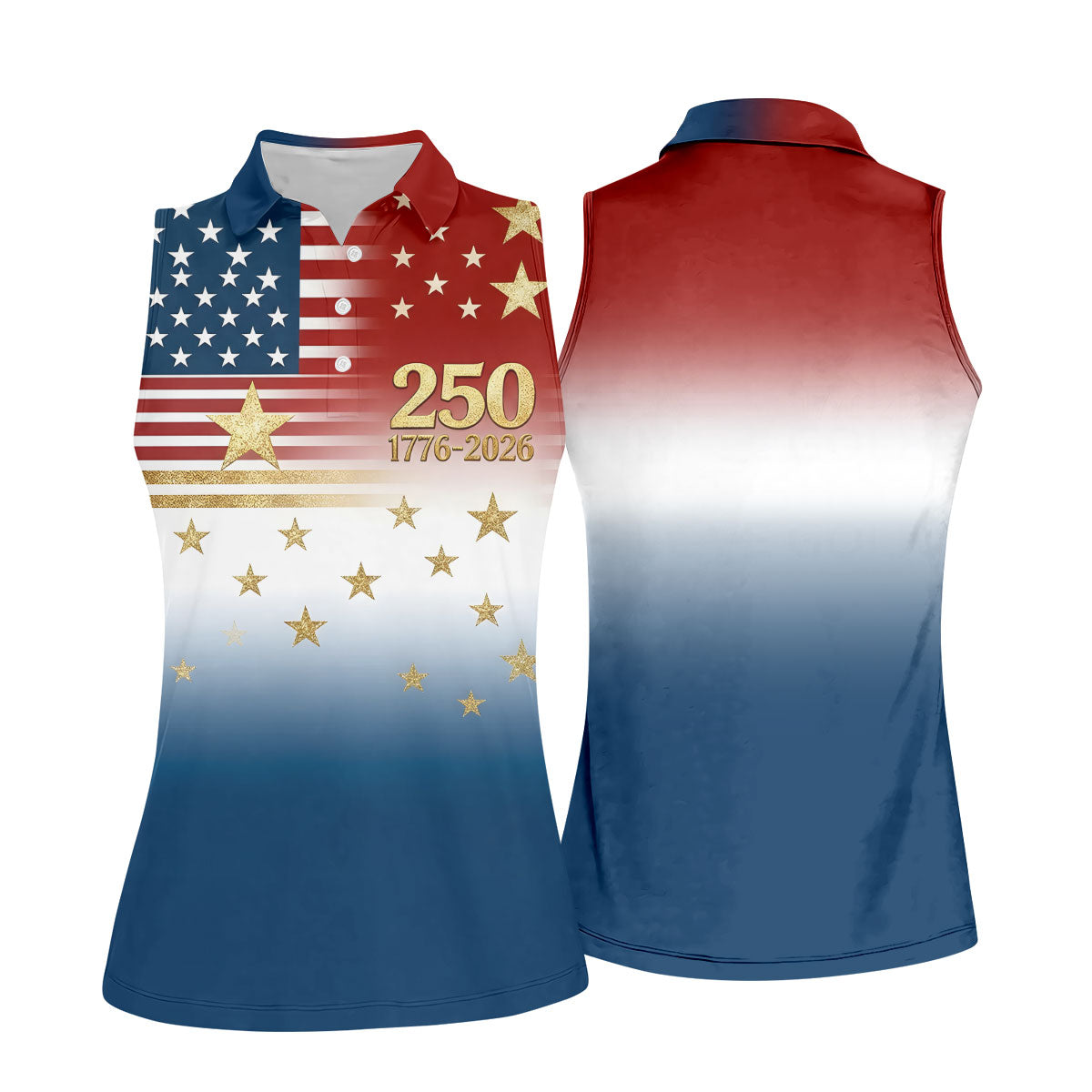 250 Years 1776-2026 Golden Star Golf Shirt For Women, Patriotic 4th Of July Ladies Golf Shirts